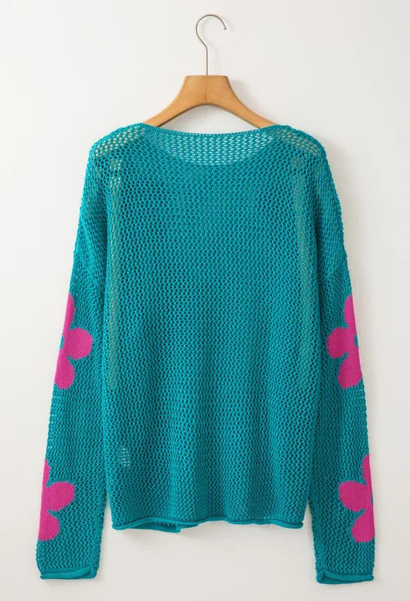 Openwork Round Neck Floral Knit Kimono Cover Up, view 16