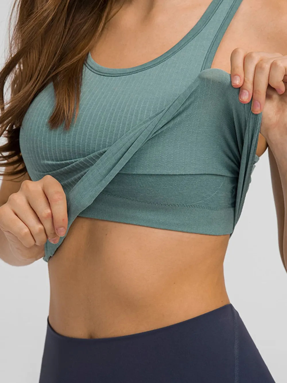Round neck racerback padded active tank front view