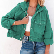 Hooded Dropped Shoulder Denim Jacket Teal - Fashorio