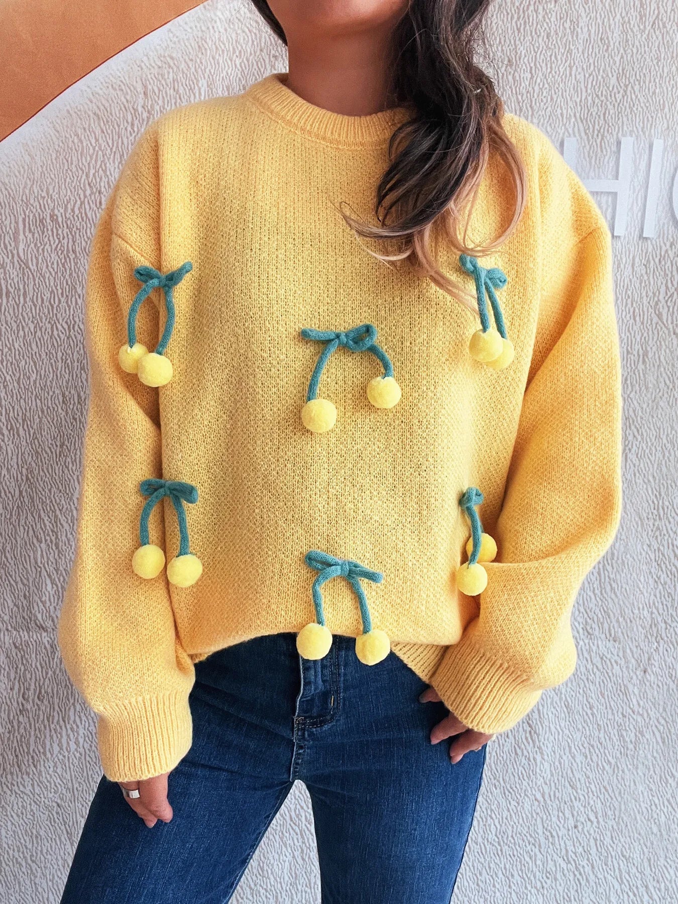 Cherry Round Neck Long Sleeve Sweater - Fashorio