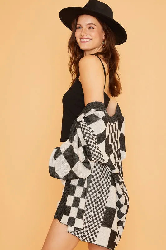 Annie Wear Checkered Open Front Drop Shoulder Cardigan - Fashorio