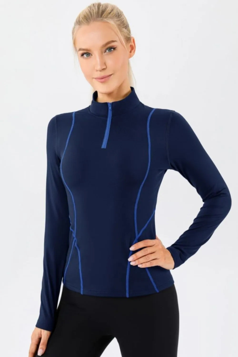 mock neck quarter zip active top fabric detail