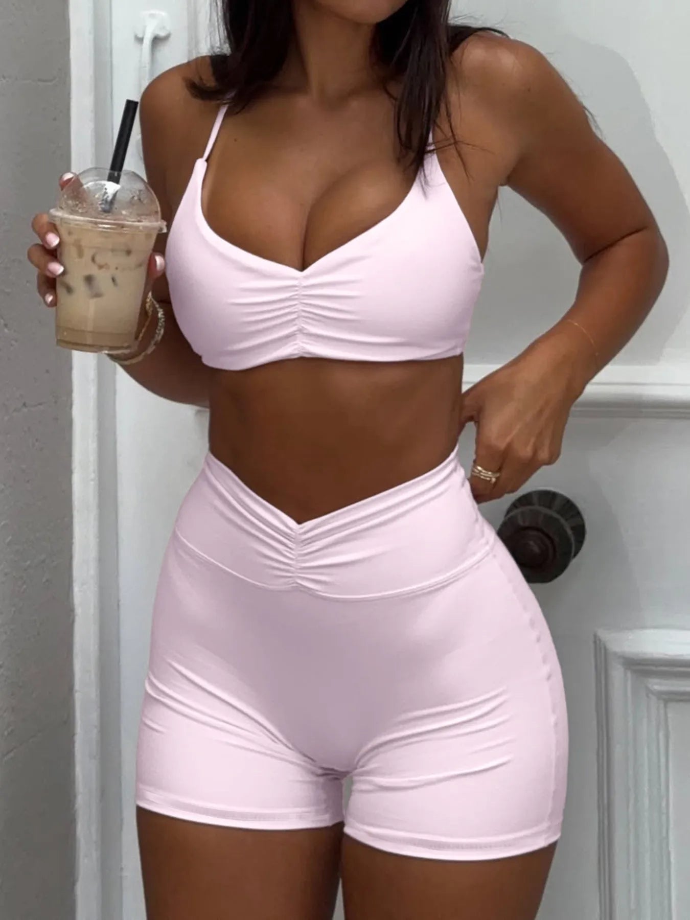 Ruched Sports Bra and High-Waisted Shorts Active Set Pink - Fashorio