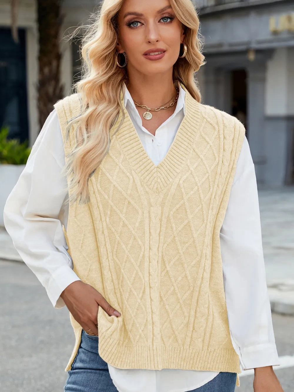 Cable Knit V Neck Sweater Vest in Gray view 17