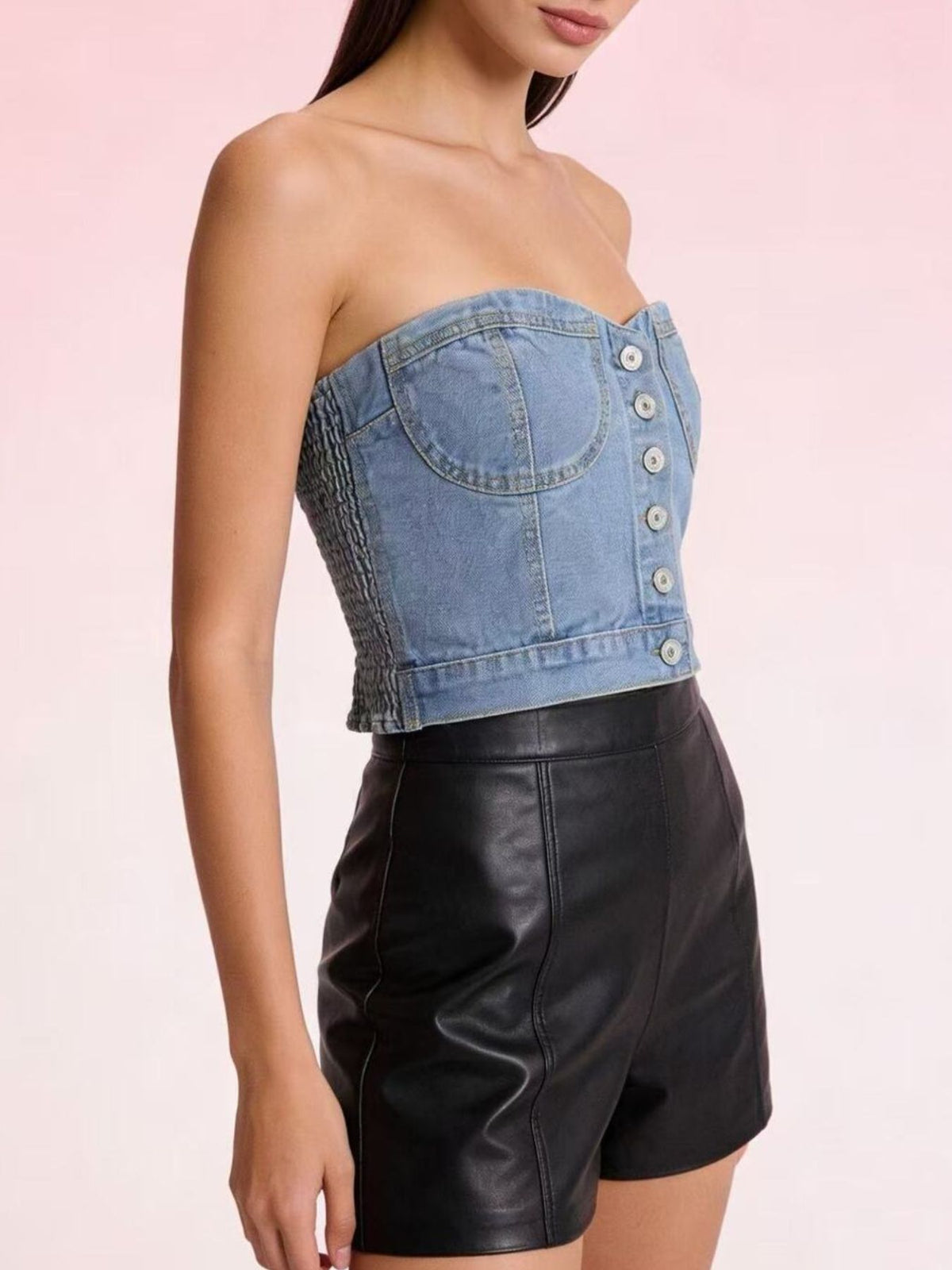 Three quarter view of the button front tube top
