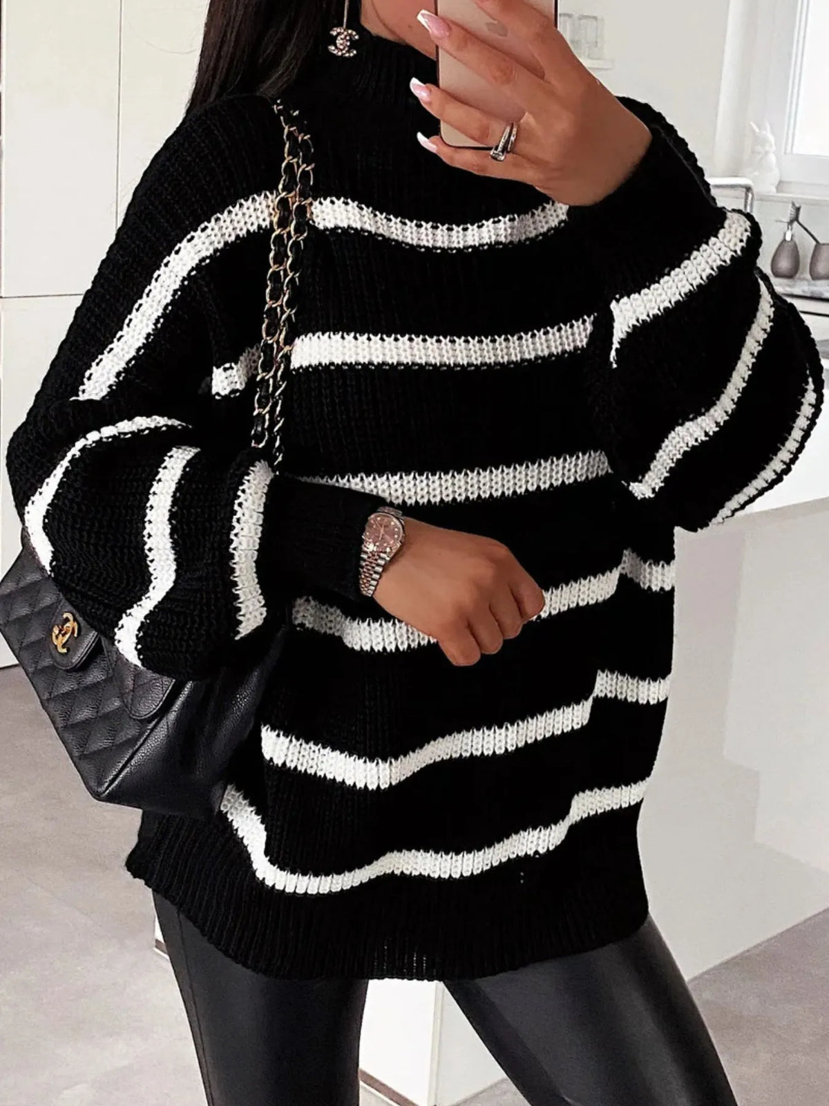 Striped turtleneck full length view