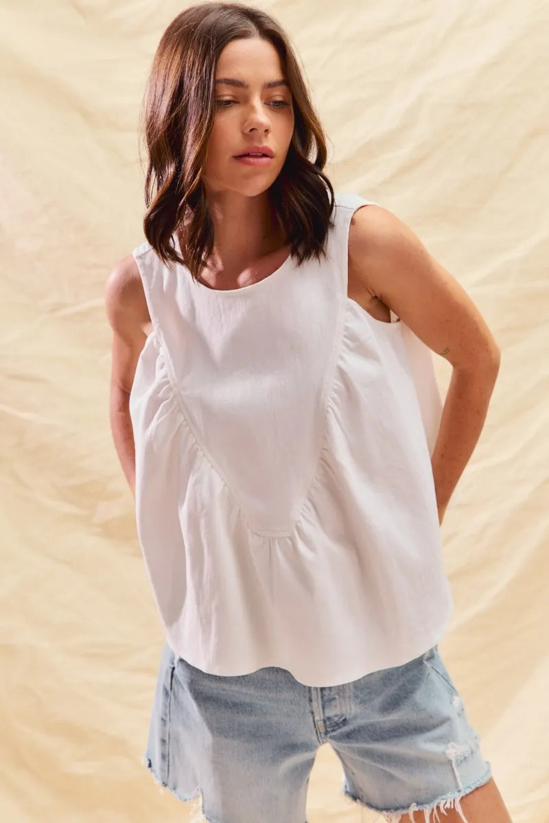 SO ME Game Day Color Denim Ruched Sleeveless Top OFF WHITE - Fashorio
