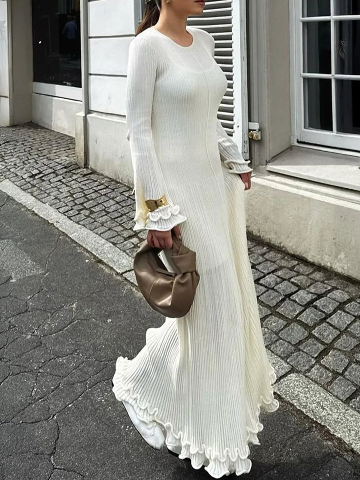 Ribbed long sleeve ruffle hem dress in white side view