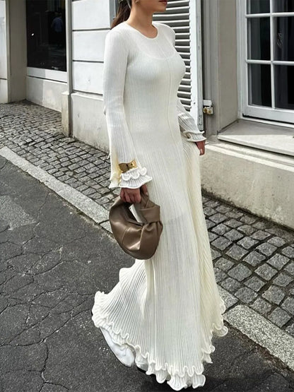 Ribbed Long Sleeve Dress with Ruffle Hem - Fashorio