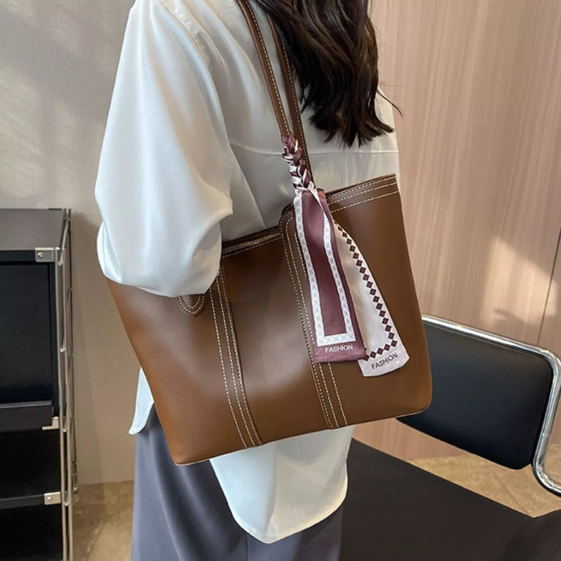 Brown PU leather tote bag front view