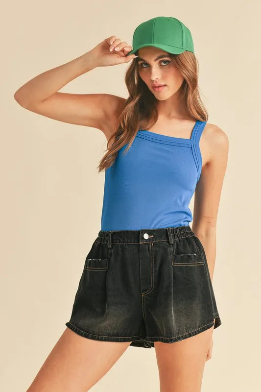 Royal blue square neck wide strap tank front view