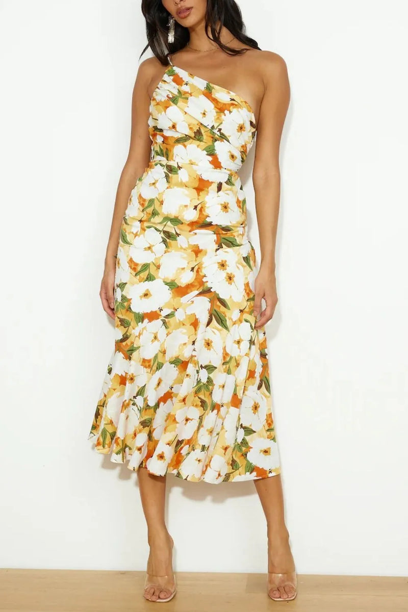 Ruched printed single shoulder midi dress front view