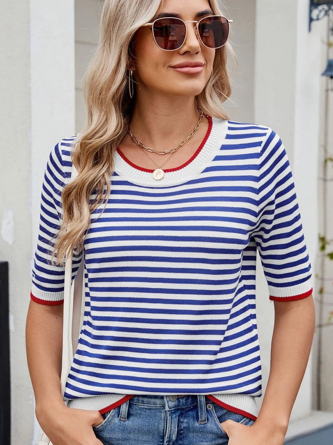 Striped Casual T-Shirt with Contrast Trim - Fashorio