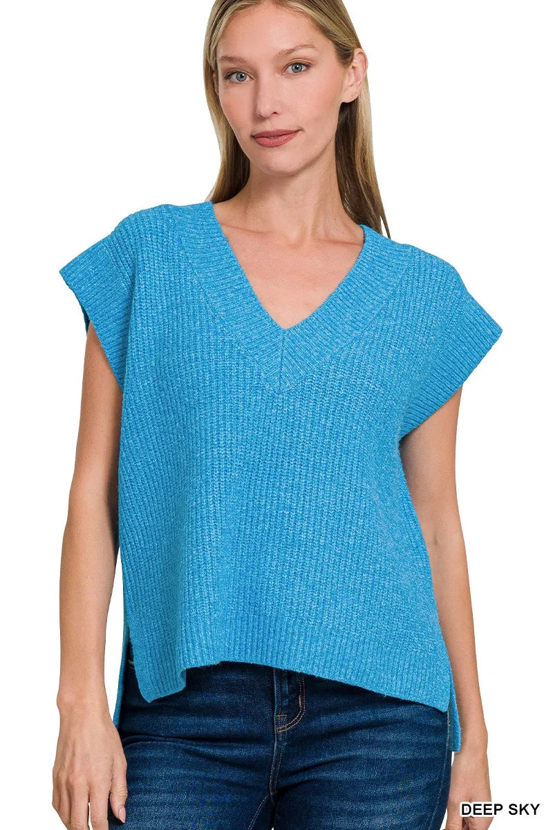 Oversized Side Slit Sweater Vest in Sky Blue