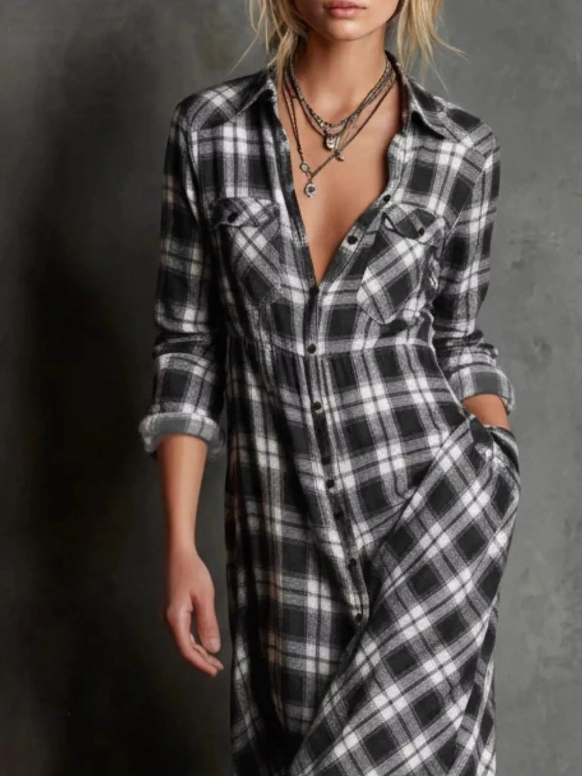 Plaid Button Down Maxi Shirt Dress Plus Size side view