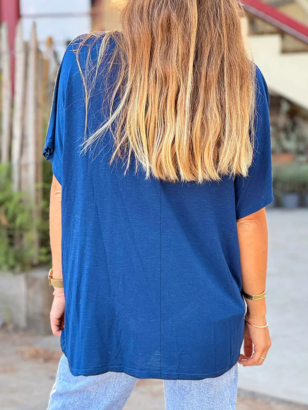 Relaxed fit V neck short sleeve tee styled view