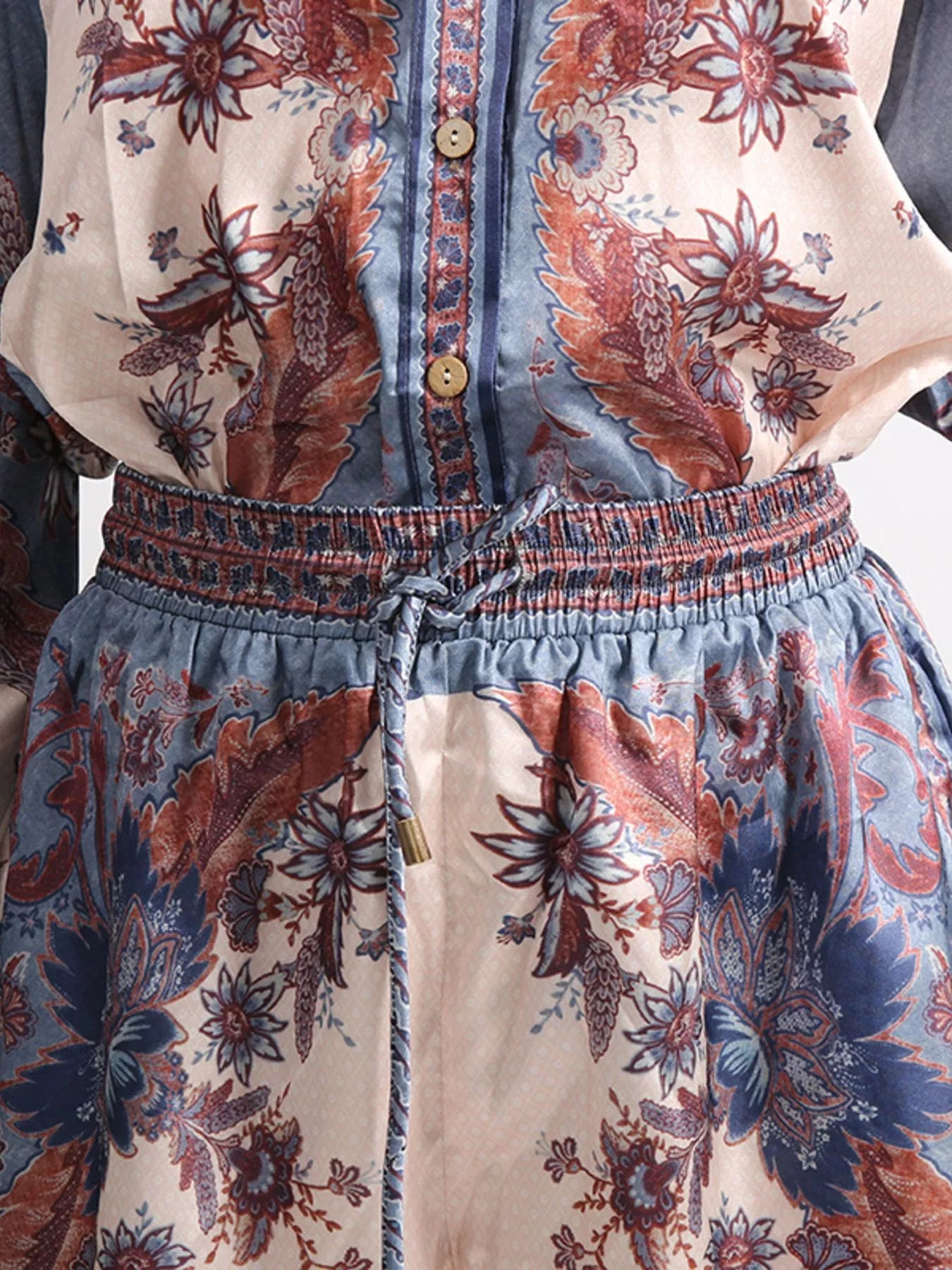 Printed Button Front Long Sleeve Shirt and Shorts Set - Fashorio