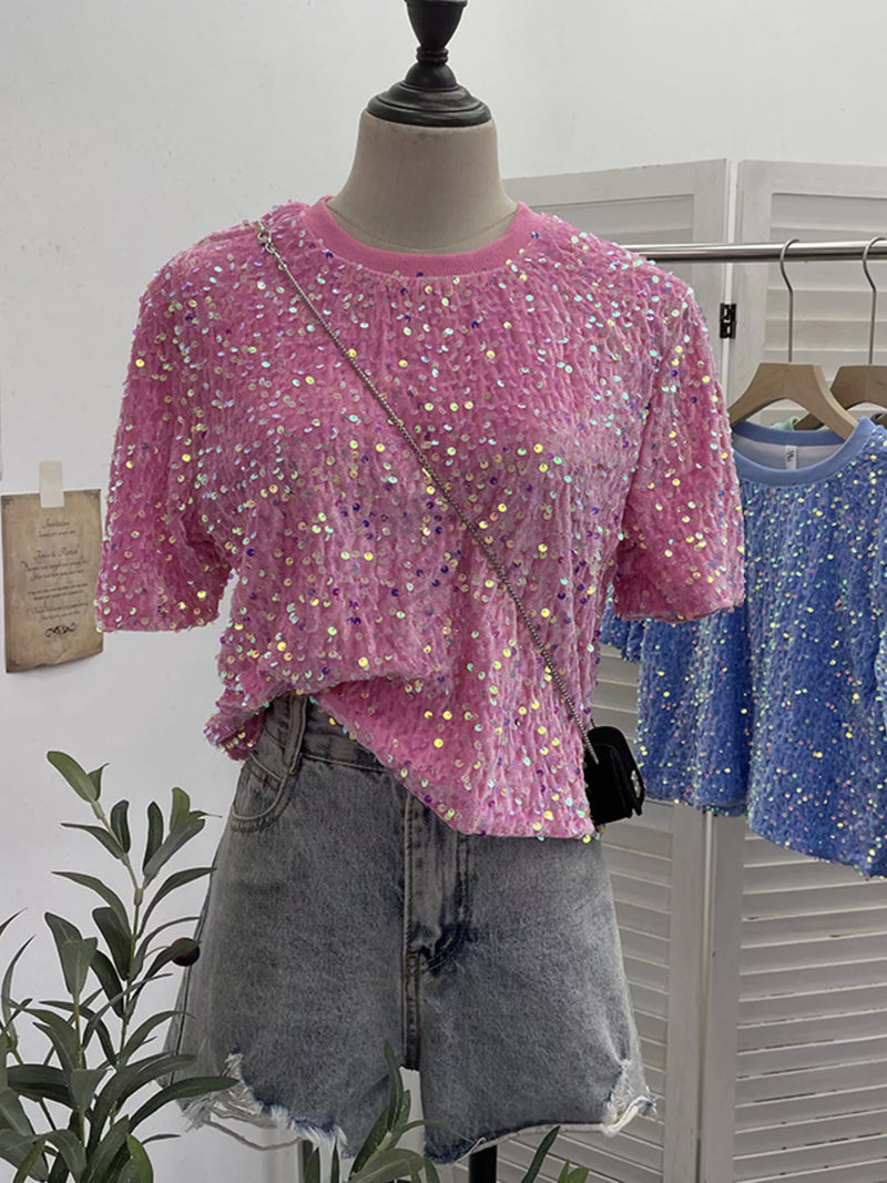 Pink sequin short sleeve t shirt front view