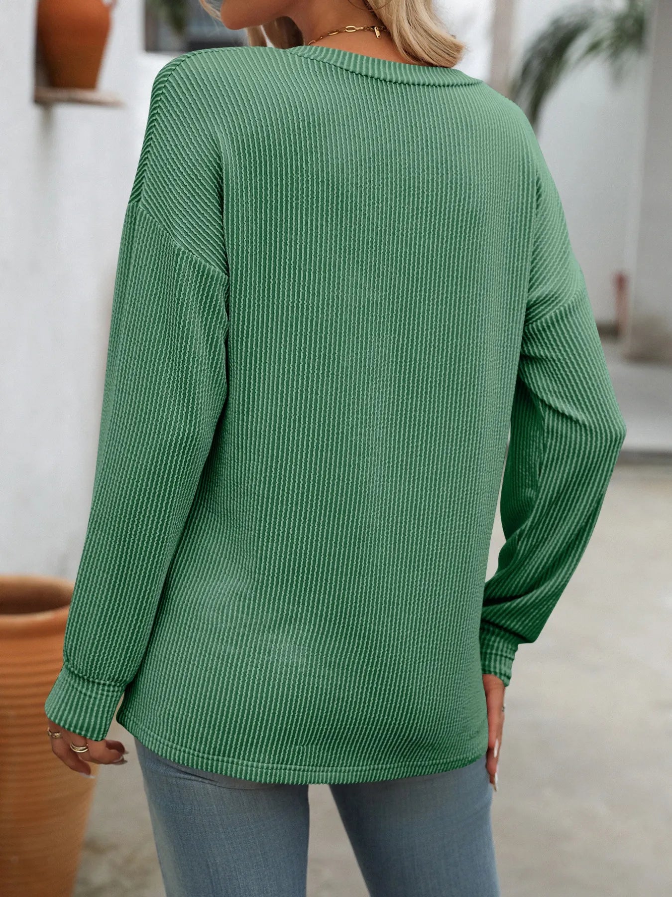 Ribbed V-Neck Long Sleeve T-Shirt - Fashorio