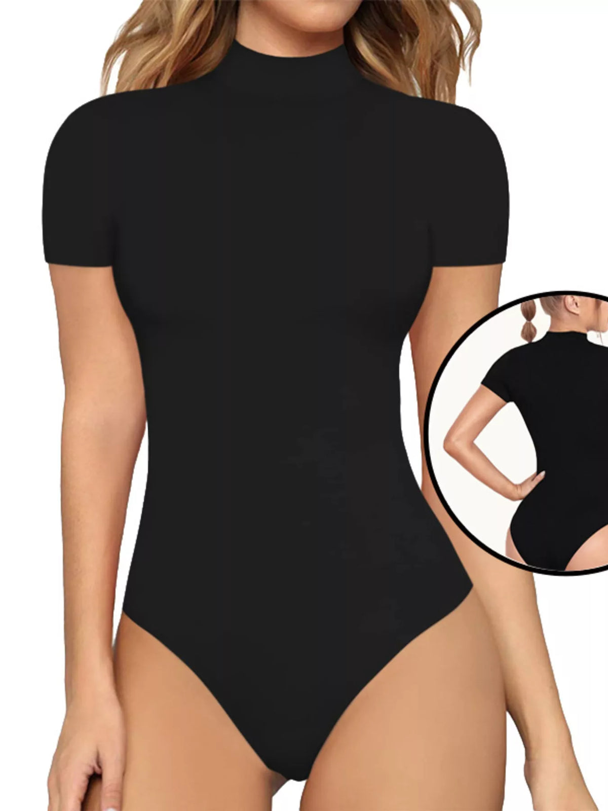Mock neck short sleeve bodysuit detail view