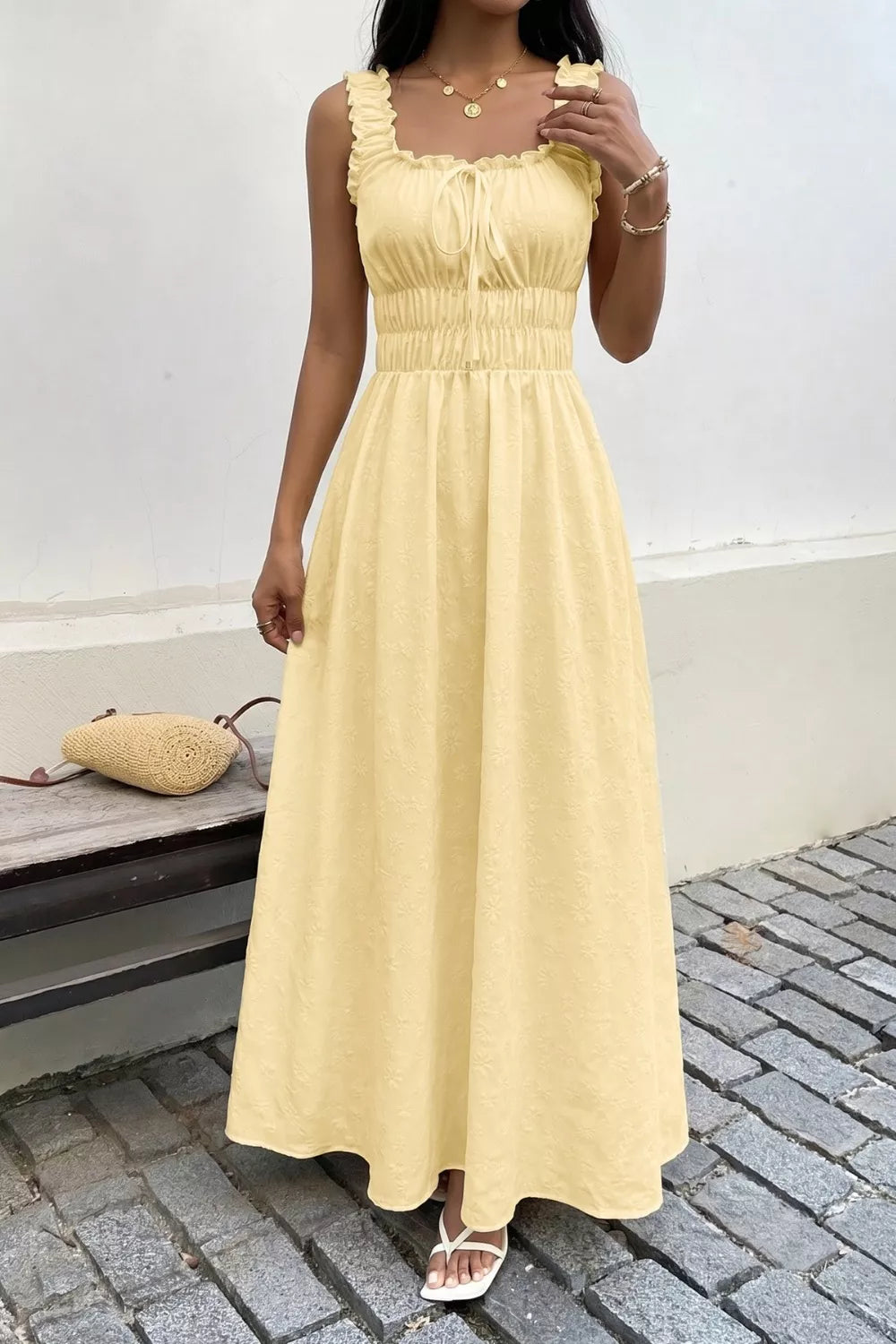 Pastel yellow square neck sleeveless maxi dress detail view