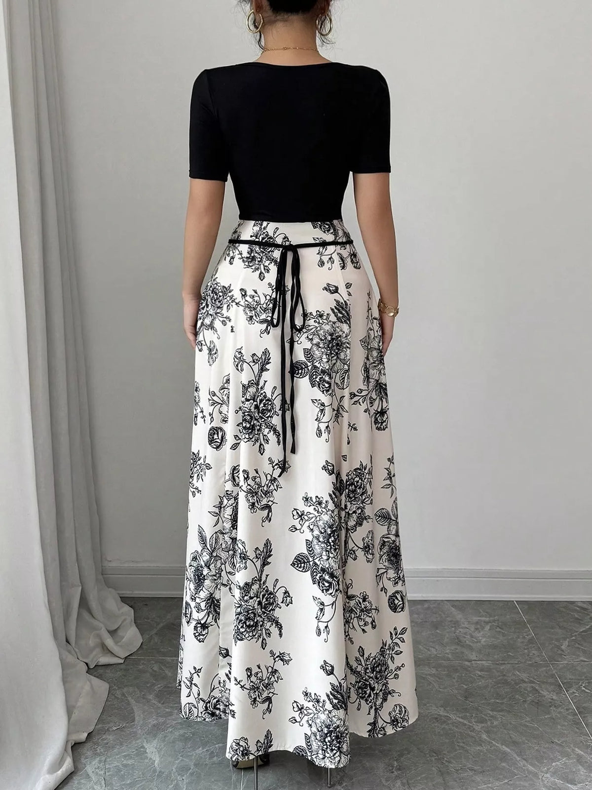 Black floral print square neck maxi dress front view