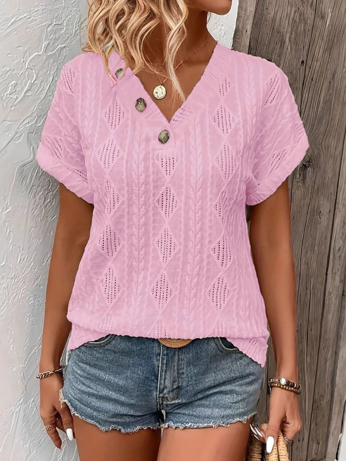 Textured V-Neck Short Sleeve Top - Fashorio