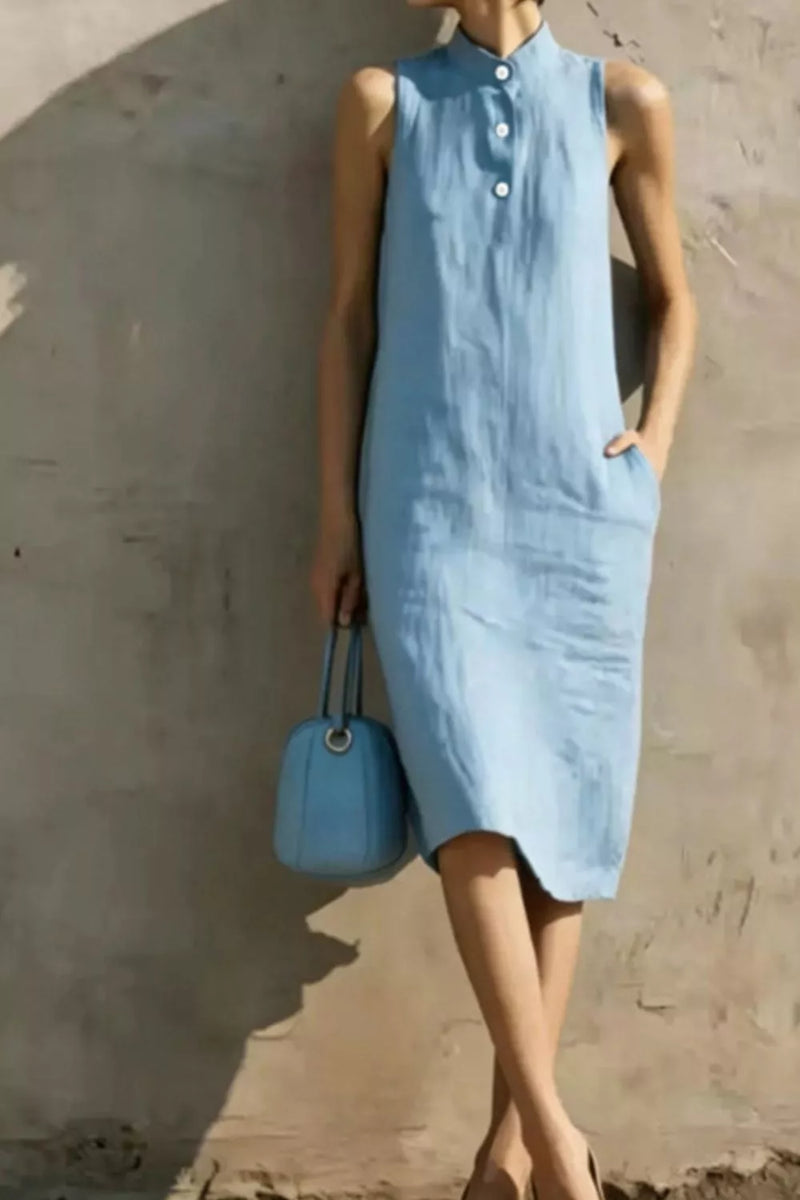 Light blue sleeveless button front midi dress front view