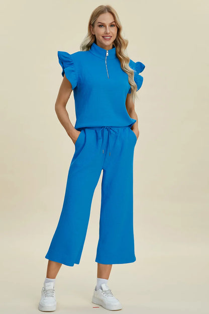 Double Take Full Size Texture Ruffle Short Sleeve Top and Wide Leg Pants Set - Fashorio