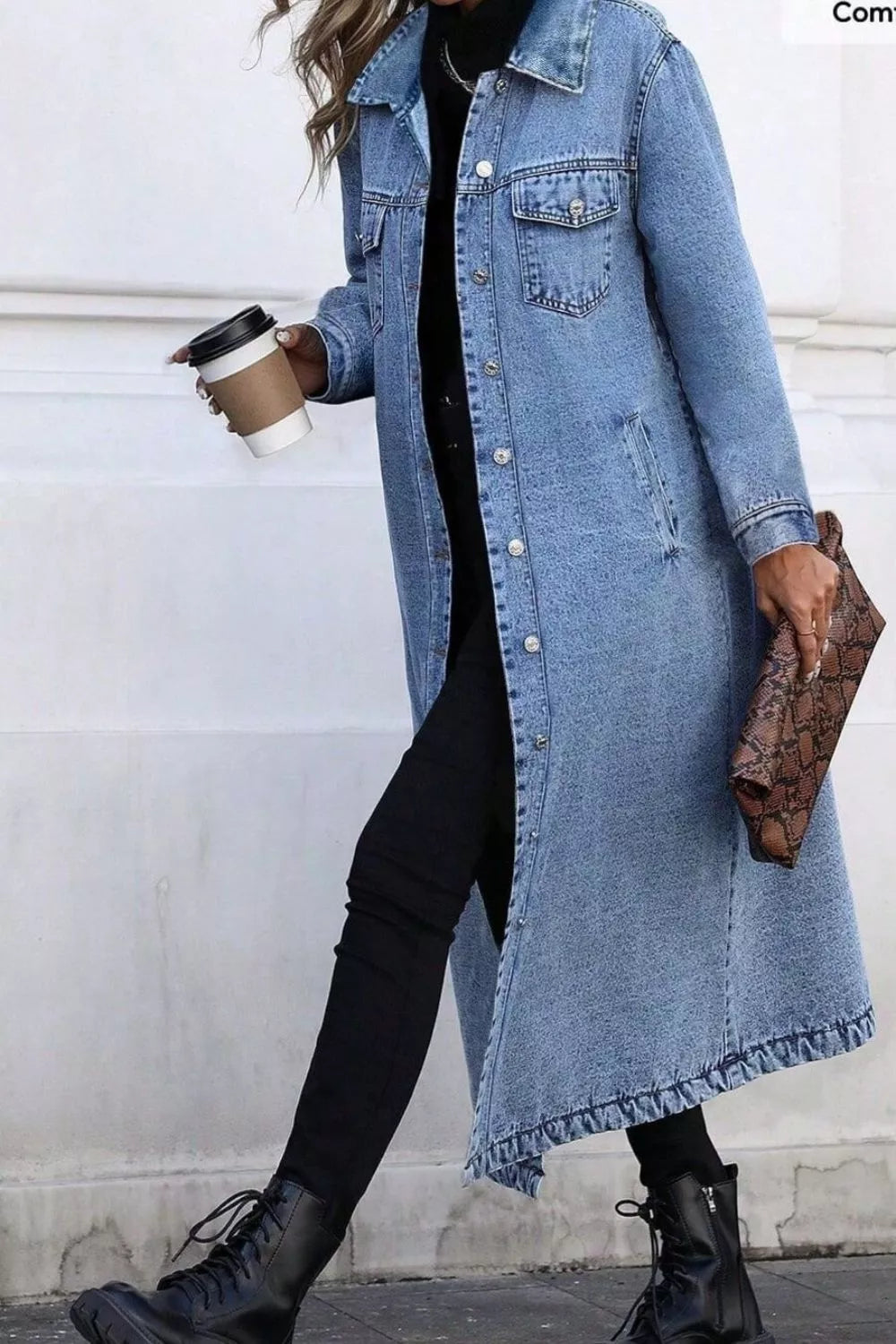 Longline Button Down Denim Jacket in Blue styled look
