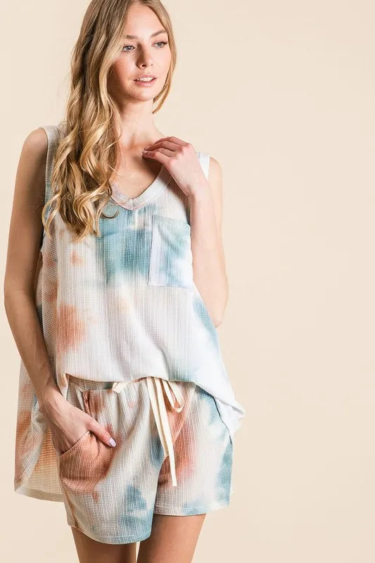 BiBi Tie Dye Textured Knit Top and Shorts Set - Fashorio
