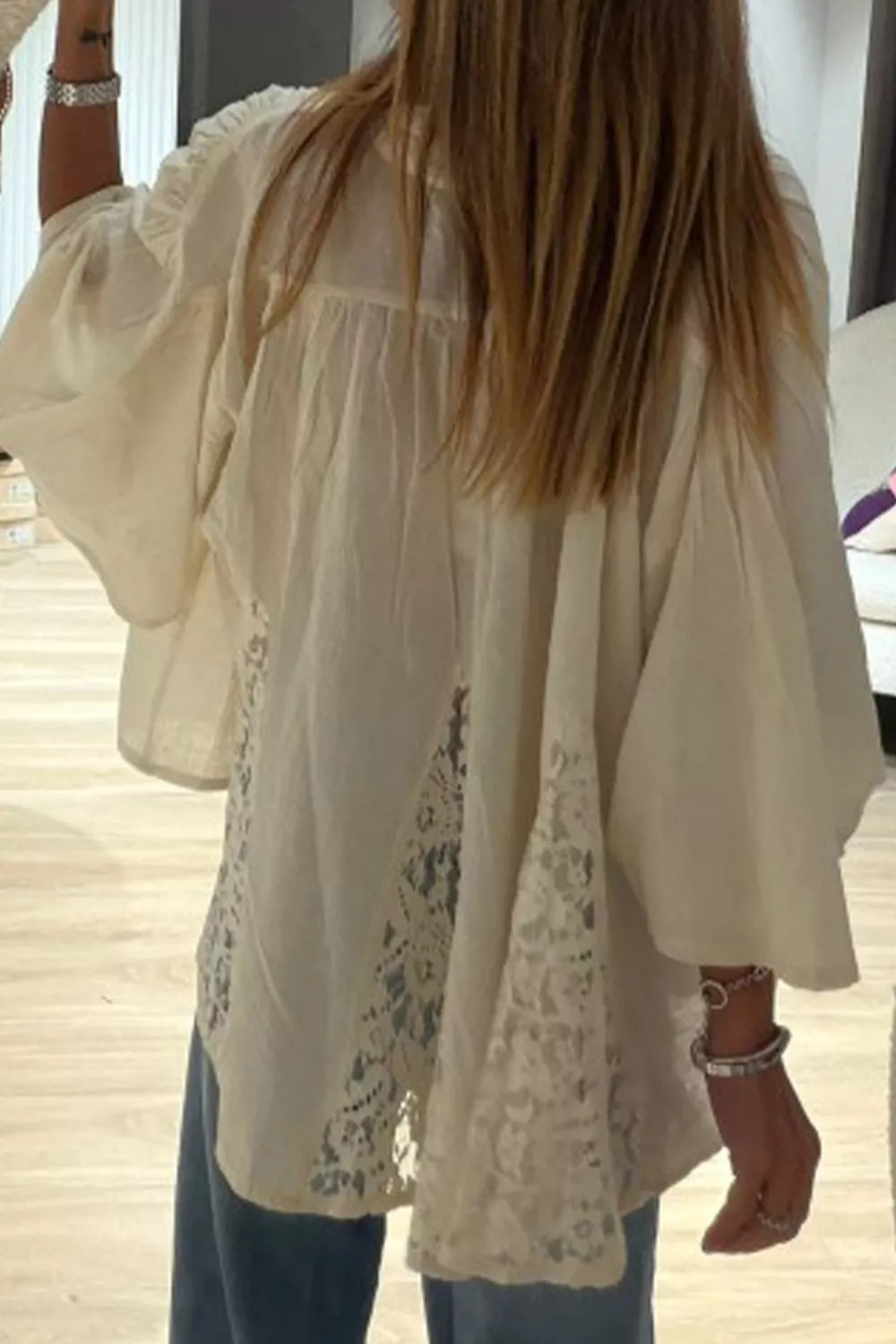 Sheer Lace Splicing Detail Bracelet Sleeve Loose Flowy Shirt side view