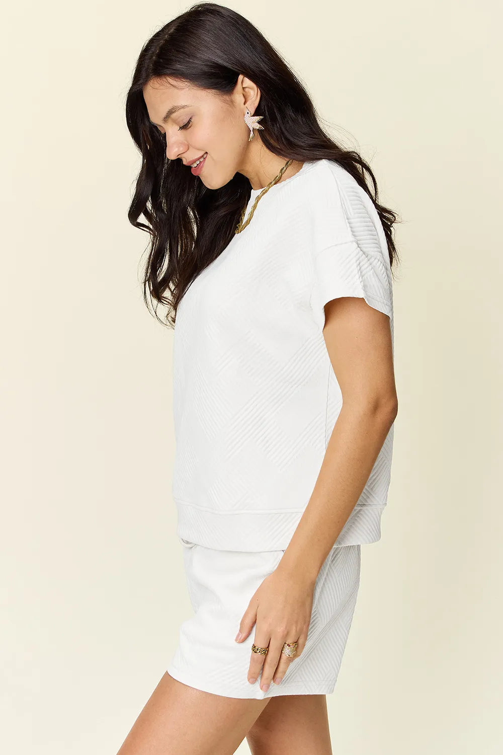 Double Take Full Size Texture Short Sleeve T-Shirt and Drawstring Shorts Set - Fashorio