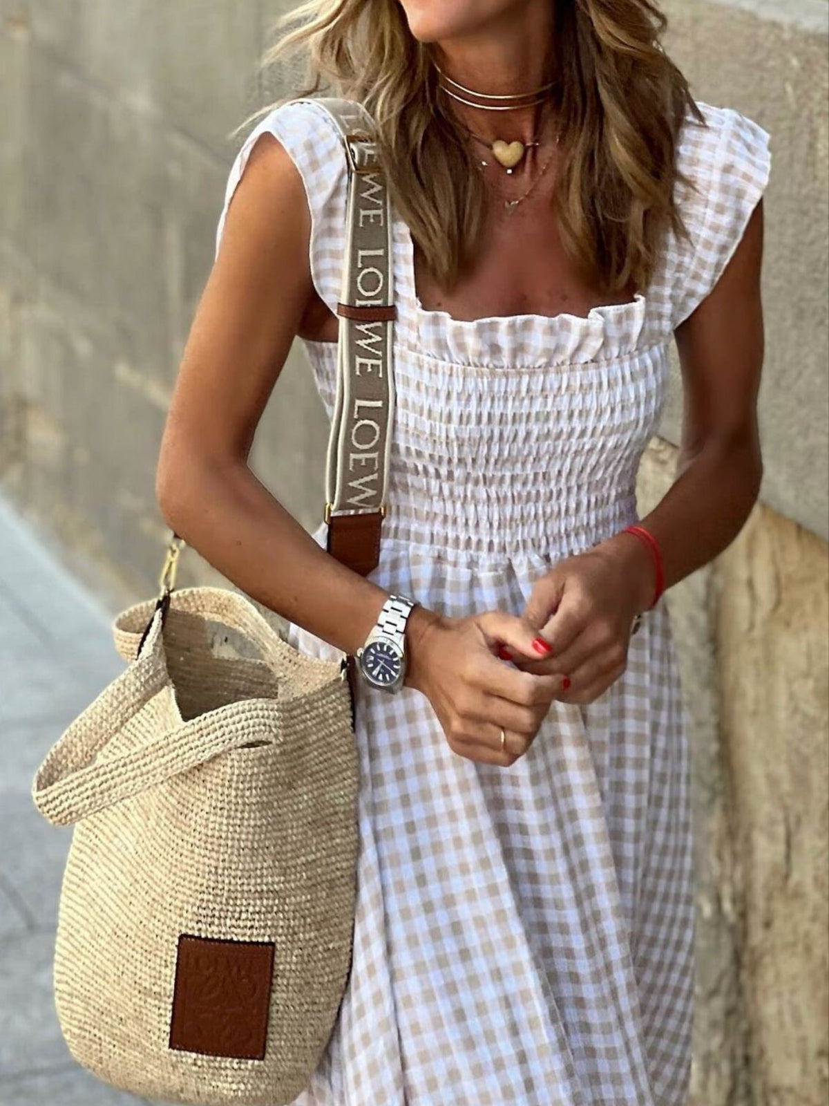 Plaid ruffle sleeve maxi dress side view