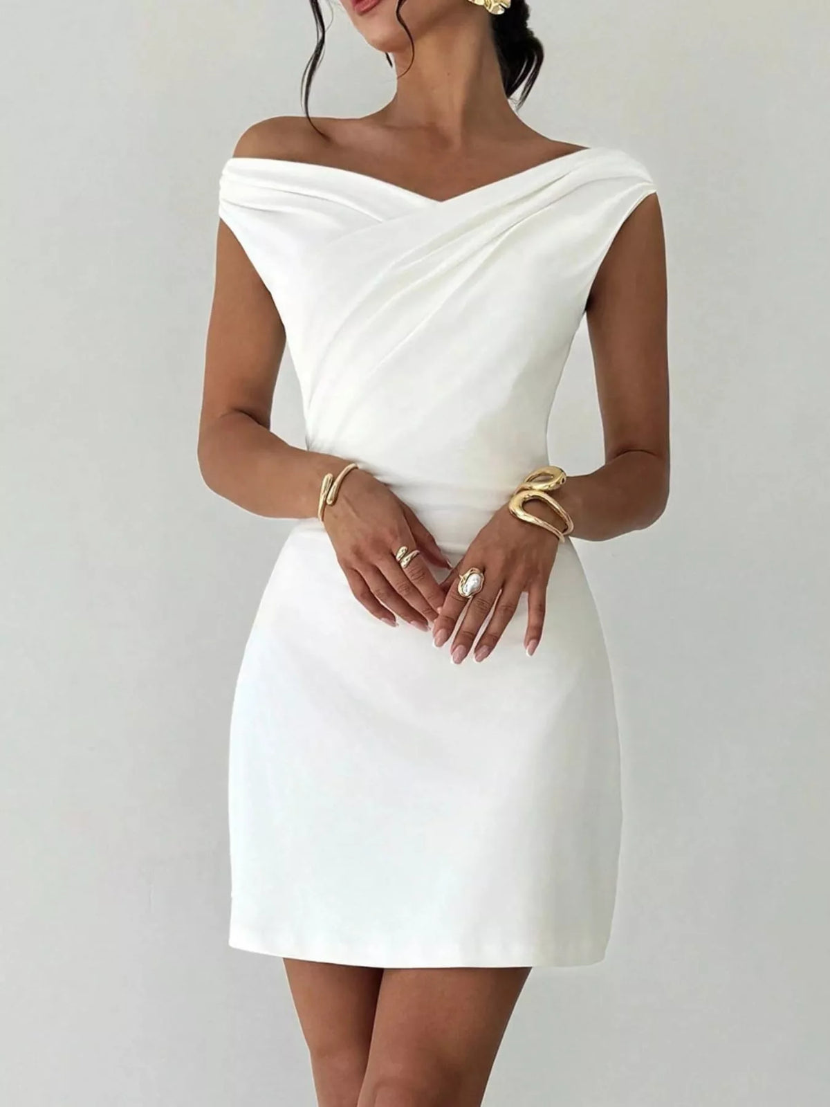 White off shoulder draped mini dress, front view