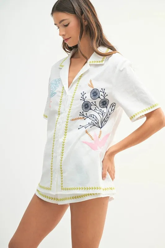 MABLE Embroidered Button Down Shirt and Shorts Set - Fashorio