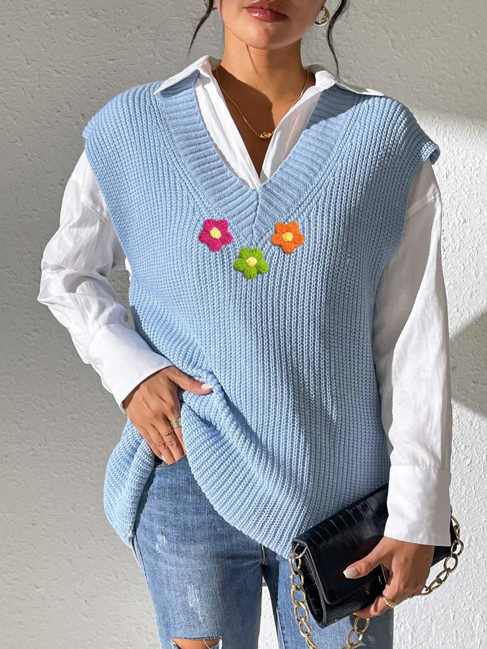 Floral V Neck Sweater Vest in Ivory on model