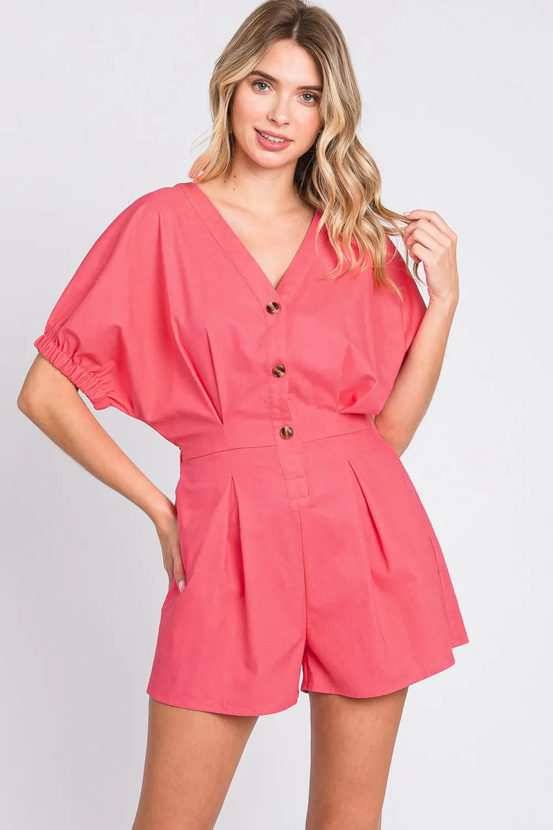 Half Button V Neck Linen Romper