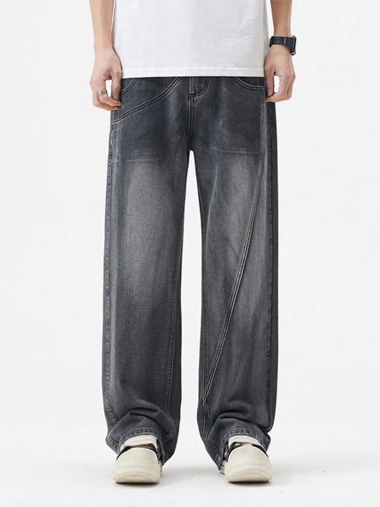 Men's Full Size Washed Wide Leg Jeans Plus Size Black Gray - Fashorio