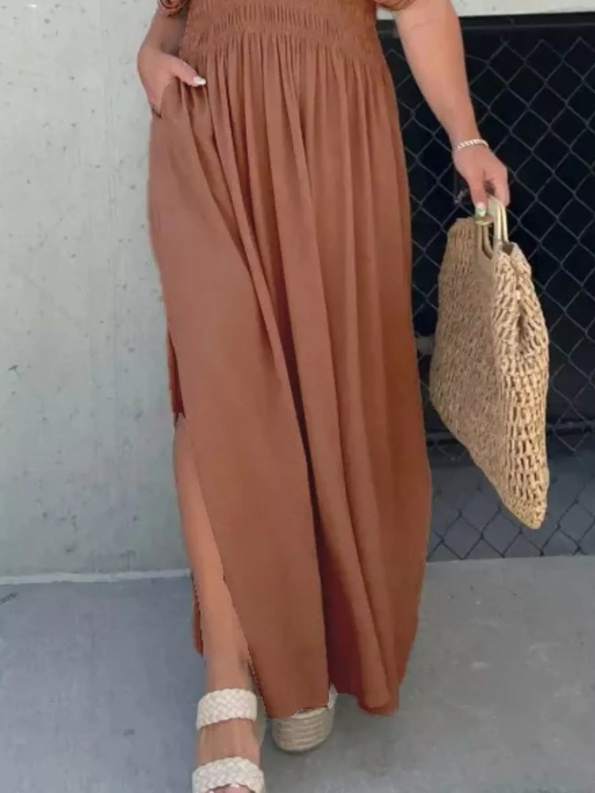 Slit V neck smocked waist maxi dress flat lay