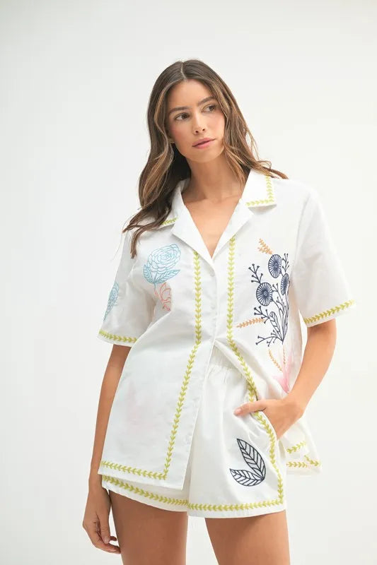 MABLE Embroidered Button Down Shirt and Shorts Set - Fashorio