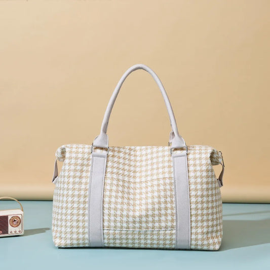Houndstooth Canvas Travel Bag Tan One Size - Fashorio