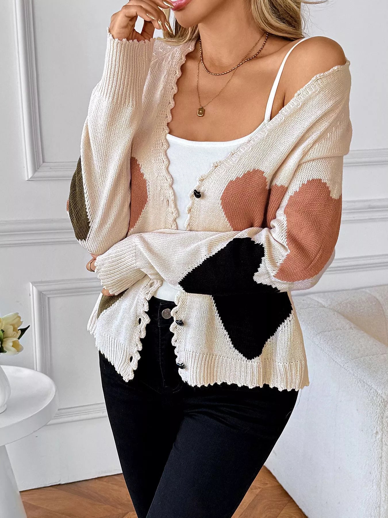 Heart Pattern Button-Up Cardigan - Fashorio