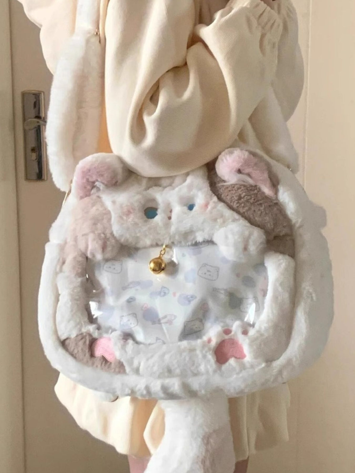Plush cat mini backpack styled view