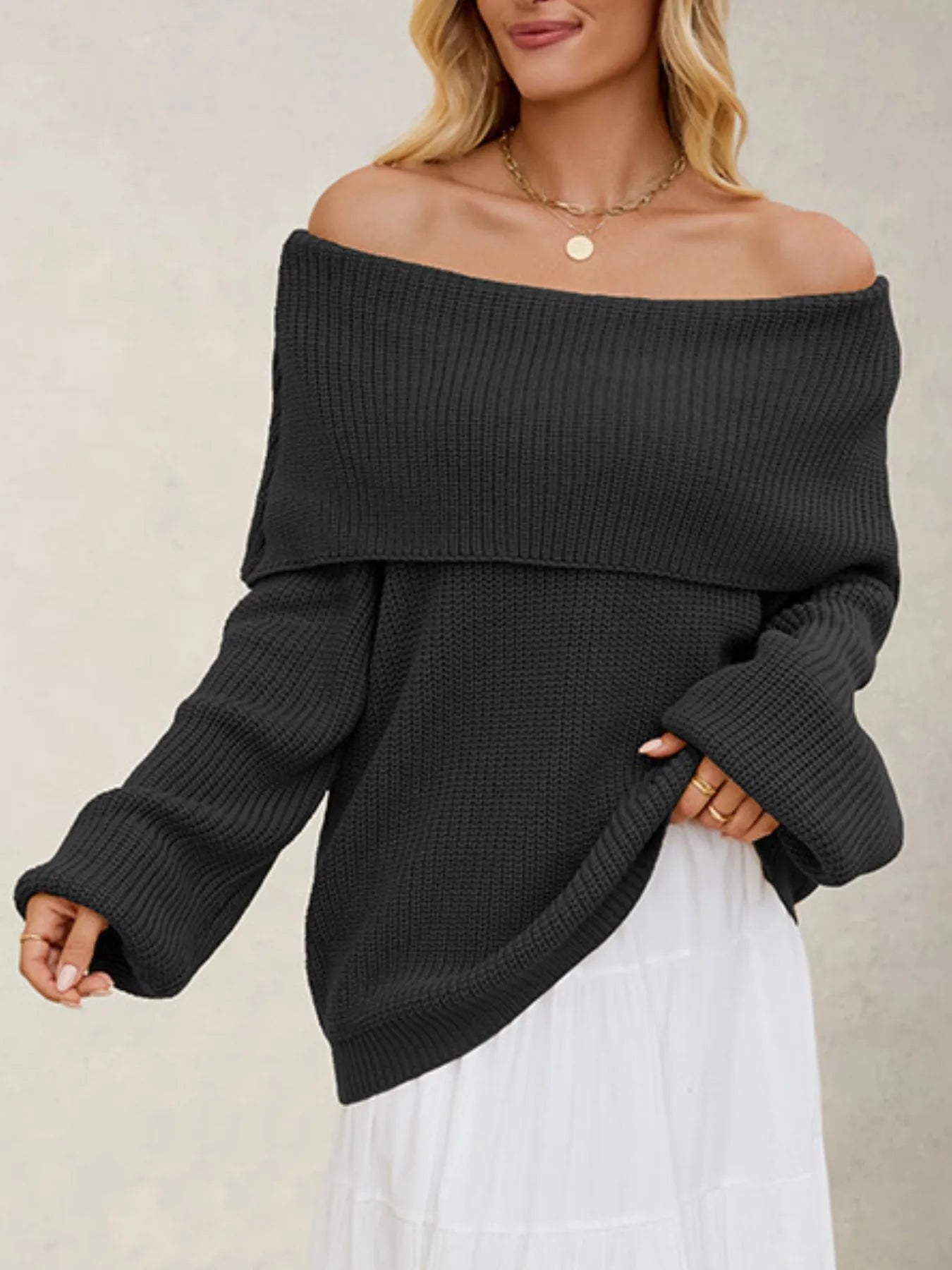 Fold-Over Collar Long Sleeve Sweater - Fashorio