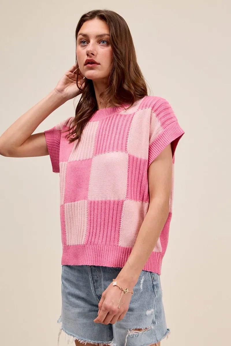 Oversized Check Plaid Ribbed Sweater Top side view