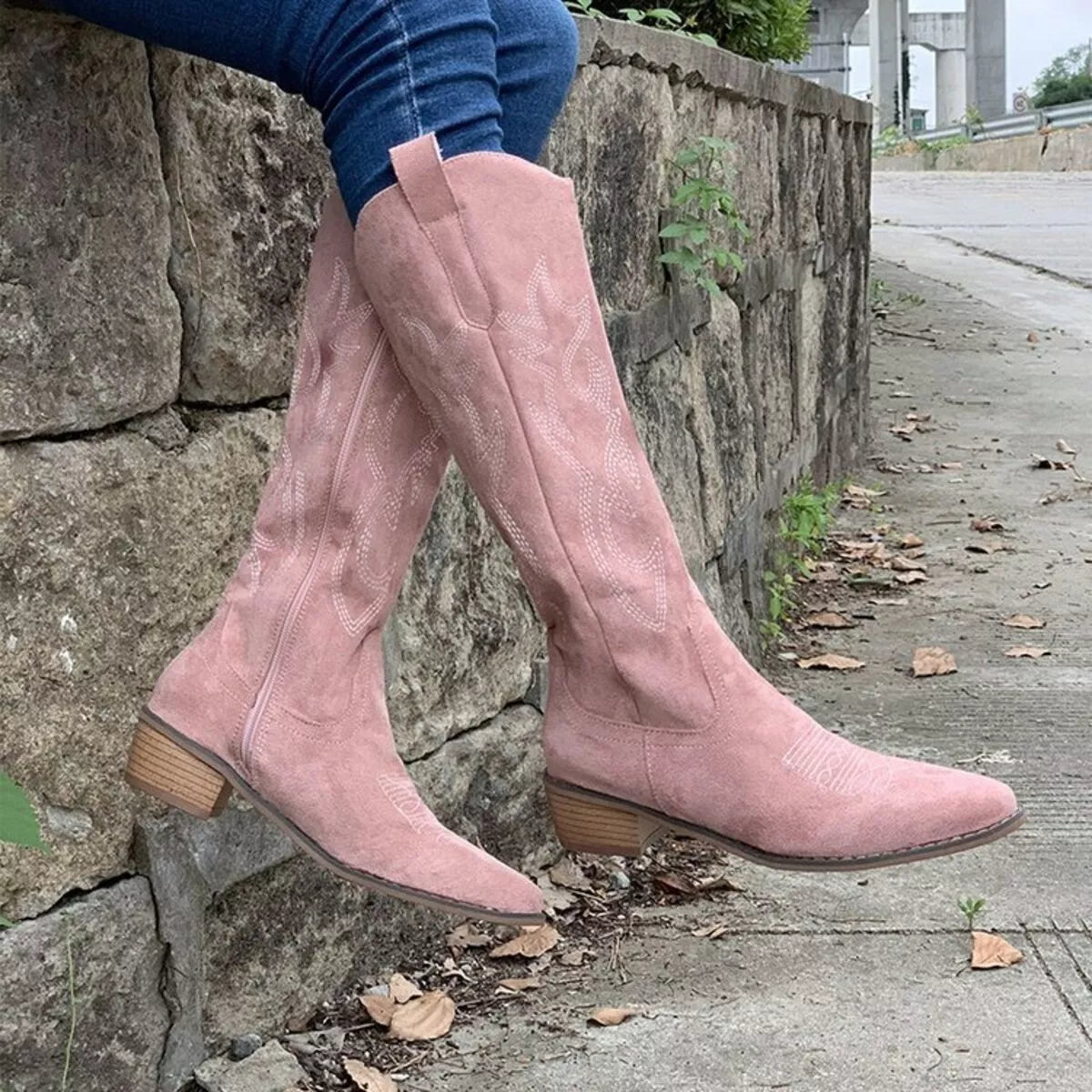 Point toe block heel suede boots back view