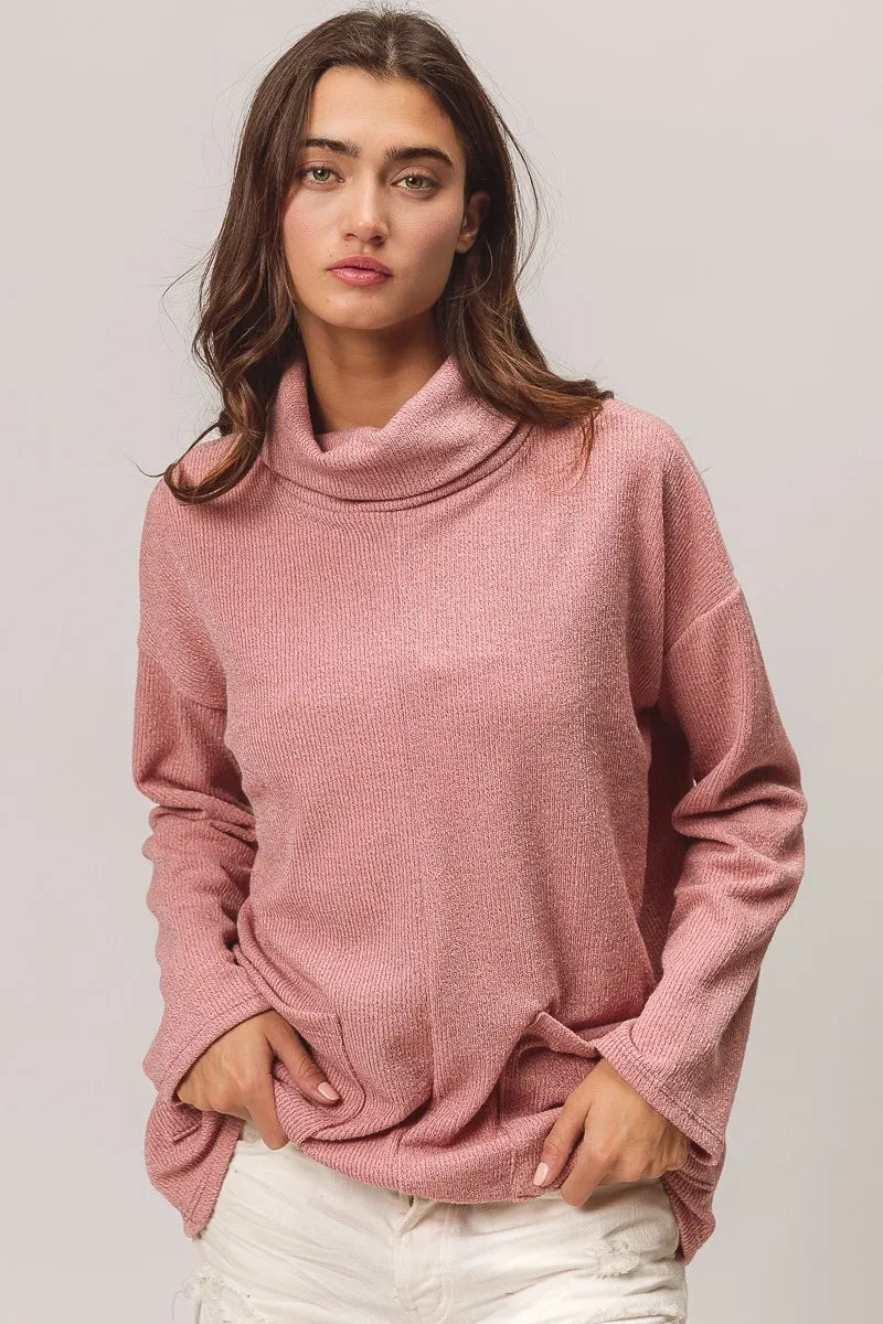 Ribbed Double Pocket Turtleneck Sweater in Mauve side view