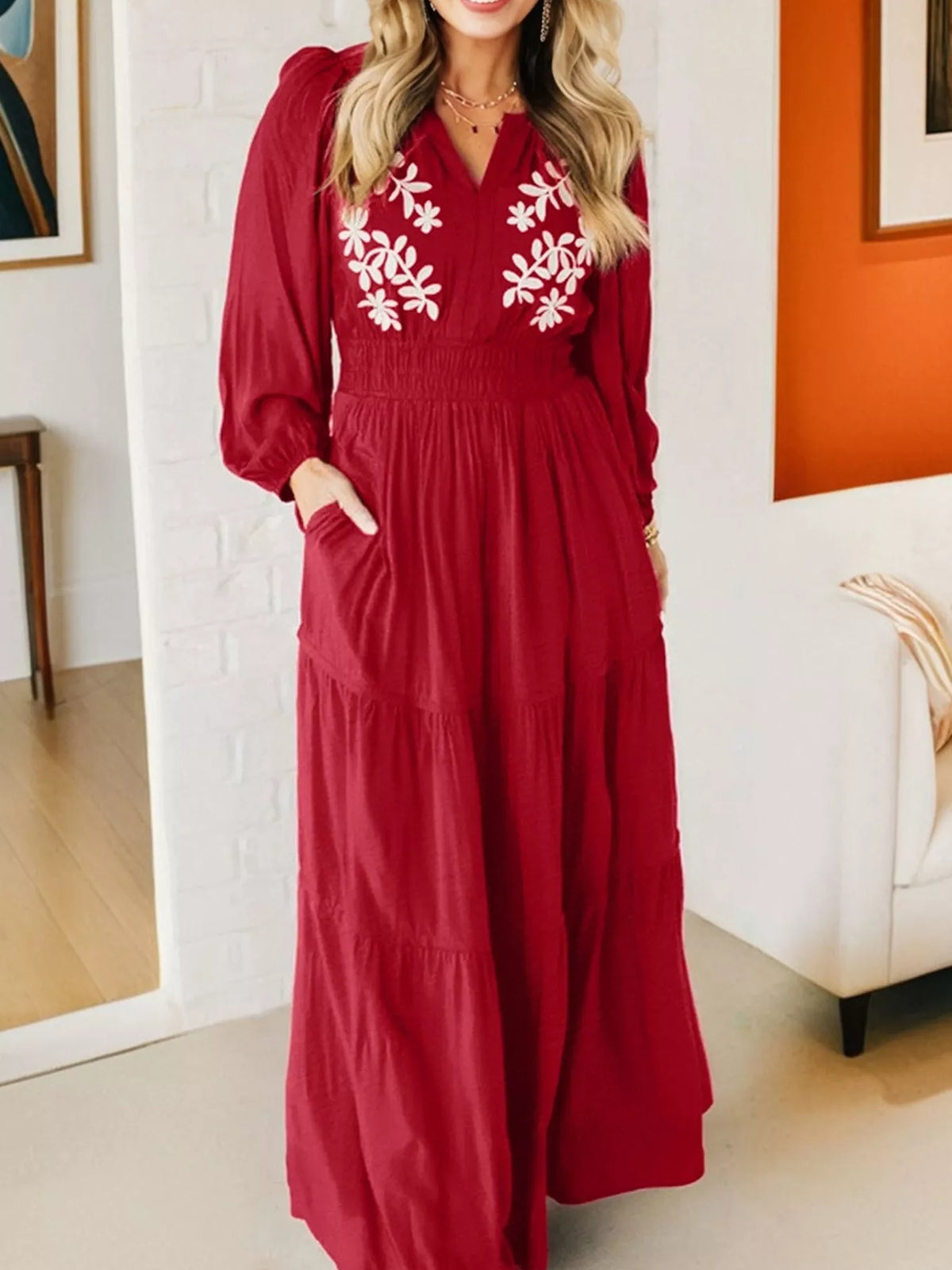 rust embroidered cinched waist tiered maxi dress front view