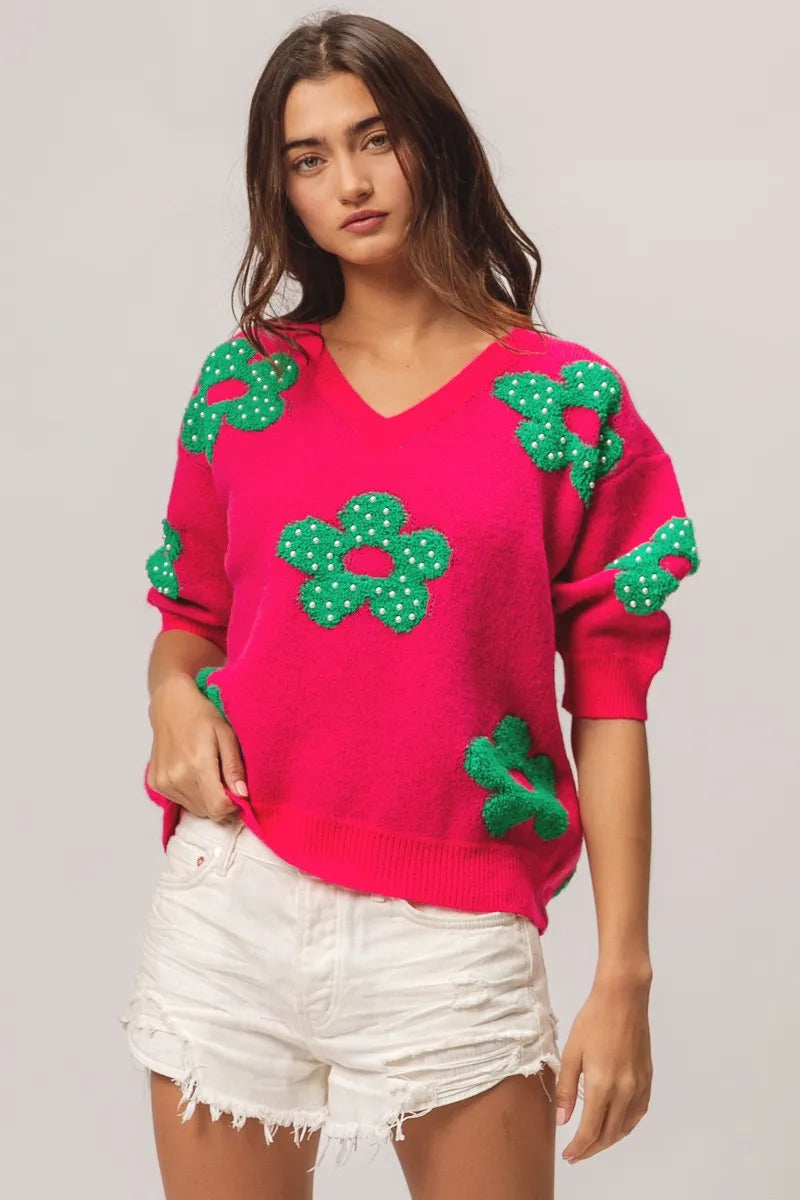 BiBi Pearl Beads Flowers Sweater Top - Fashorio